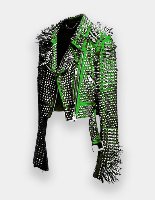 Men Green Spiked Jacket, Green Studded Leather Jacket, Men Spiked Steam Punk Jacket Gothic, Rockers Studded Jacket